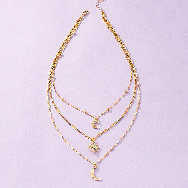 Wholesale Three-layer Diamond Star Moon Necklace Fashion Necklace